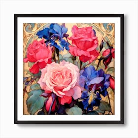 Roses And Irises Art Print