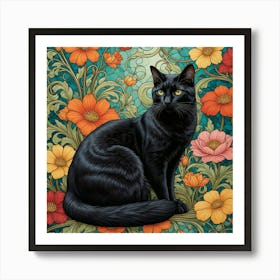 Black Cat With Flowers 5 Art Print