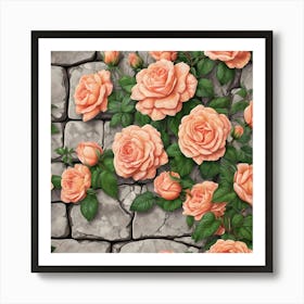 Peach-Colored Climbing Roses On Stone Wall Art Print