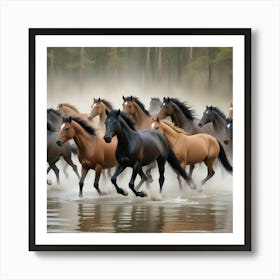 Horses Running In The Water 9 Art Print