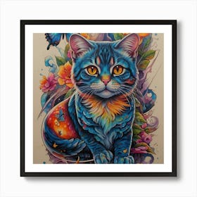 Blue Cat With Butterflies Art Print