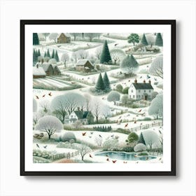 Winter Village With Trees And Lakes Art Print