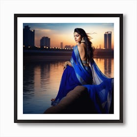 Beautiful Indian Woman In Blue Sari Art Print