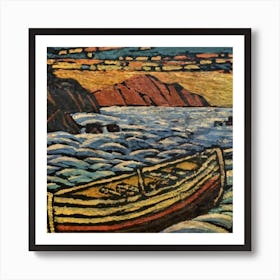 Oil painting of a boat in a body of water, woodcut, inspired by Gustav Baumann 4 Art Print