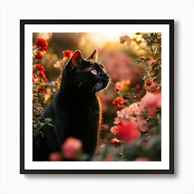 Black Cat in a Floral Sunset Garden 13 Art Print