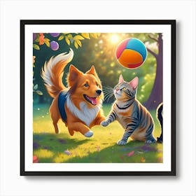 Cat And Dog Playing Art Print