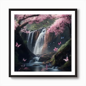 Waterfall With Butterflies and Pink flowers Art Print