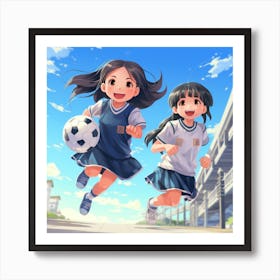 Two Girls Playing Soccer Anime Art Print