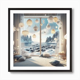 Winter Wonderland with sea and rocks view panoramic window and lots of lamps Art Print