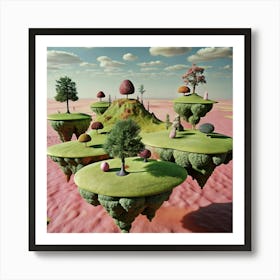 A surreal and imaginative scene with floating islands, trees, and a pink sky. Art Print