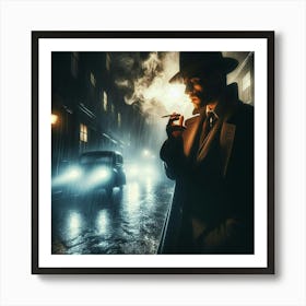 Man In Hat Smoking A Cigarette In The Rain Art Print