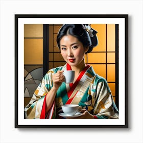 Woman In Kimono Drinking Green Tea Cubism Style Art Print