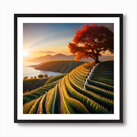 Sunset On A Hill With A Tree Art Print