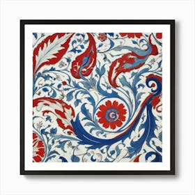 Red Blue And White Swirls Iznik Turkish Pattern Flora 1 Art Print