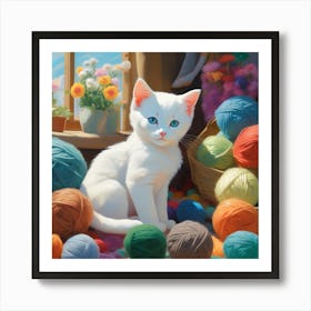 White Kitten With Yarn Art Print