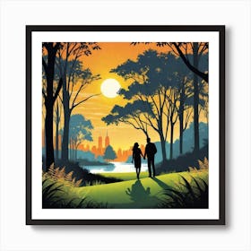 Couple Walking In The Park At Sunset Art Print