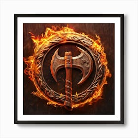 Fireman Logo With Axe And Flame,Hyper Realistic , Art Print