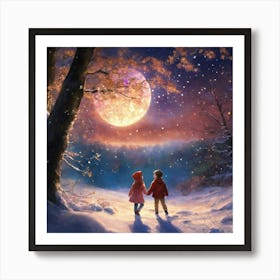 Two children under the moonlight Art Print