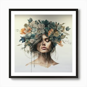 Woman With Flowers On Her Head Art Print