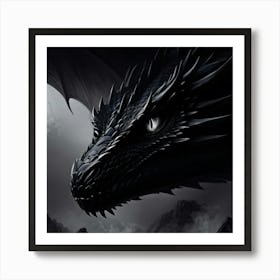 Monochrome Digital Painting Capturing The Piercing Eye Of A Black Dragon Scales Reflecting Faint Li 1 Art Print