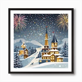 Christmas Village With Fireworks Art Print