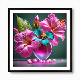 Pink Flowers In A Vase - Gisselypearls and hibiscus, 3d render . Art Print
