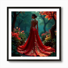 Red Dress In The Forest Art Print