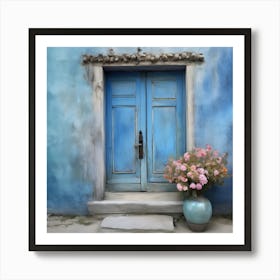 Blue wall. An old-style door in the middle, silver in color. There is a large pottery jar next to the door. There are flowers in the jar Spring oil colors. Wall painting.3 Art Print