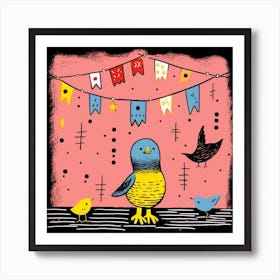 Duckling Under A Washing Line Linocut Style 1 Art Print