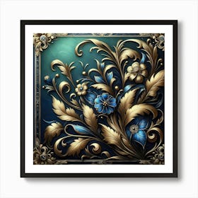 Gold Frame With Blue Flowers Art Print