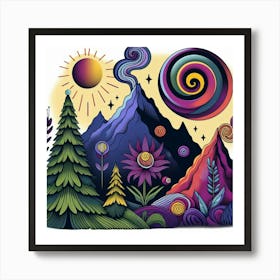 Mountain With Spiral Moon Sun Bottlebrush Tree 2 Art Print