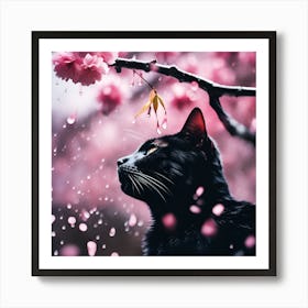 Black Cat amongst the Cherry Blossom Trees on a Rainy Day 2 Art Print