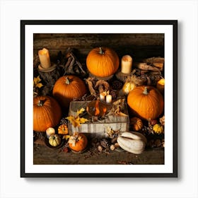 Autumn Harvest Table Laden With An Assortment Of Pumpkins Gourds And Dried Cornhusks Surrounded B (6) Art Print