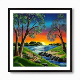 Highly detailed digital painting with sunset landscape design 13 Art Print