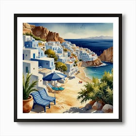 Blue Ionian Village.Summer on a Greek island. Sea. Sand beach. White houses. Blue roofs. The beauty of the place. Watercolor. Art Print