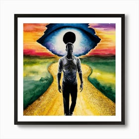 Eye Of The World Watercolor depicting a surreal portrait of a man walking along a path leading to an eye-shaped hole in the horizon, against a bright sunset sky, monochrome, shimmering gold accenting the path., illustration, photo, 3d render, painting, portrait photography Art Print