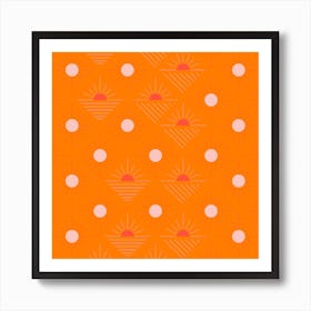 Geometric Pattern With Pink Sunshine On Bright Orange Square Art Print