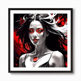 Woman With Black Hair And Red Eyes Art Print