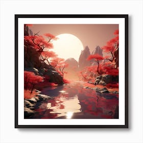 Red Trees In A River Art Print