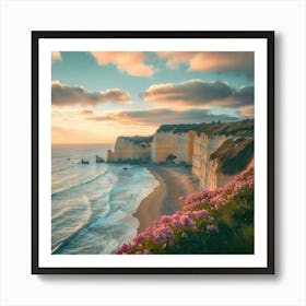 A View Of A Beach And Cliffs At Sunset Epic Art Print
