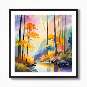 Watercolor Of Autumn Forest Art Print