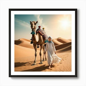 Muslim Girl With Camel In The Desert Art Print