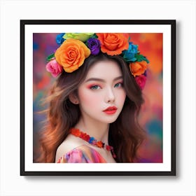 Asian Girl With Colorful Flower Crown Poster