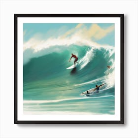 Surfers On A Wave Art Print