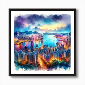 Hong Kong Skyline Watercolor Painting Art Print