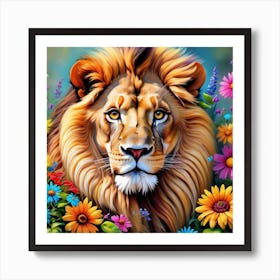 Blooms And Beasts: The Elegance Of Lions In Flowered Realms Art Print