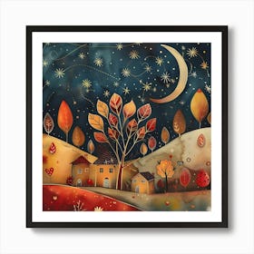 Autumn Night In The Village, Naïve Folk Art Print