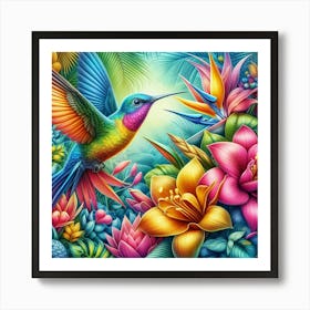 Create A Brightly Colour Image Of A Hummingbird Surrounded By Tropical Flowers Art Print