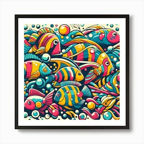 Colorful Fishes And Bubbles Art Print