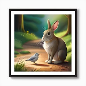 Rabbit And Bird In The Woods Art Print